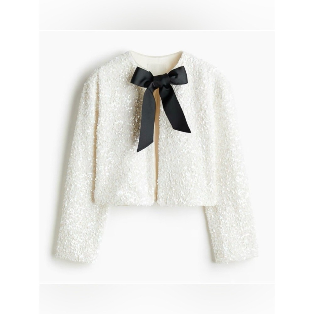 HM White Sequin Cropped‎ Jacket Black Bow Accent Evening Party Womens Small